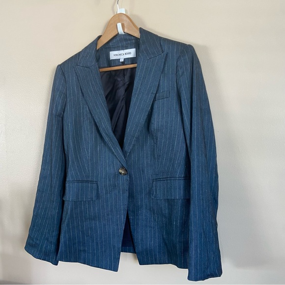 Veronica Beard Obie Pinstripe Linen Blend Dickey Jacket Size 4 in Blue Dove - Picture 6 of 13